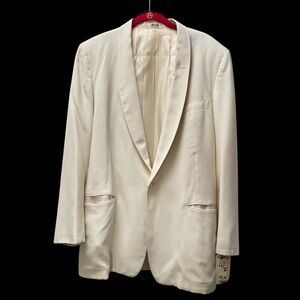 Vintage White 1960s Linen Dinner Jacket Shawl Collar Tuxedo Sz 41 Lounge Wedding